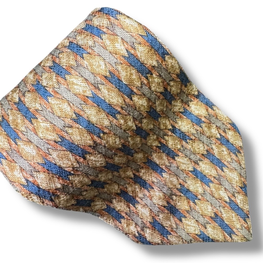 Vintage 90's Britches of Georgetowne Tan Blue Geometric‎ Italian Silk Tie 3.75"